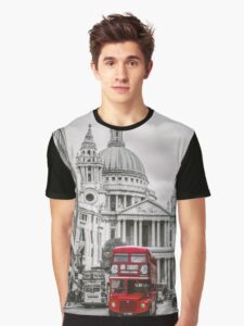 Graphic T-shirt showing London Bus in front of St Paul's Cathedral available on Redbubble