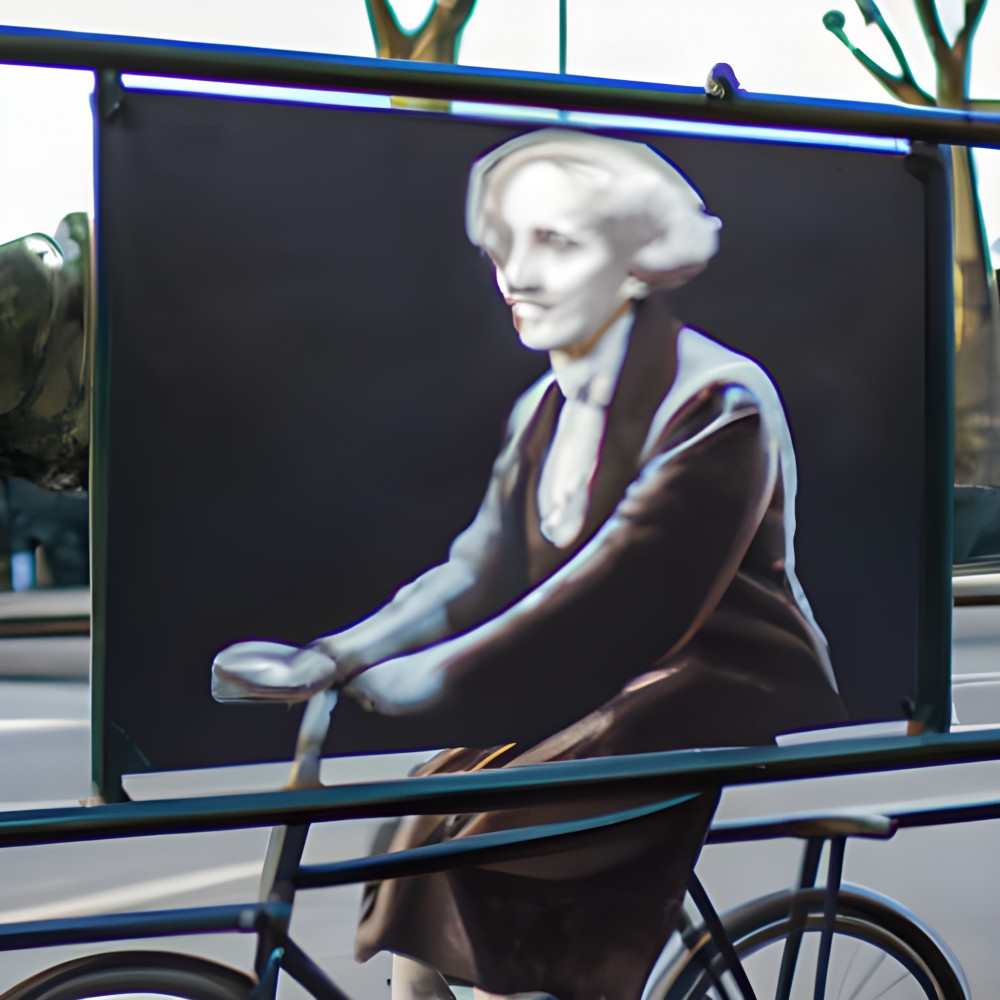 AI generated photo showing a picture on Marie Curie on a bicycle in Paris