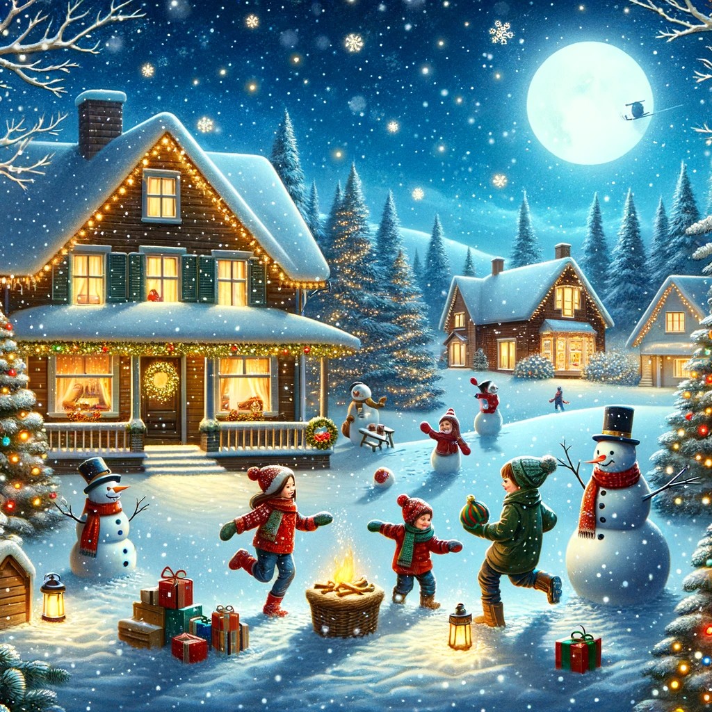 A picturesque winter night scene depicting children having a snowball fight with snowman standing nearby and homes decorated in Christmas lights.