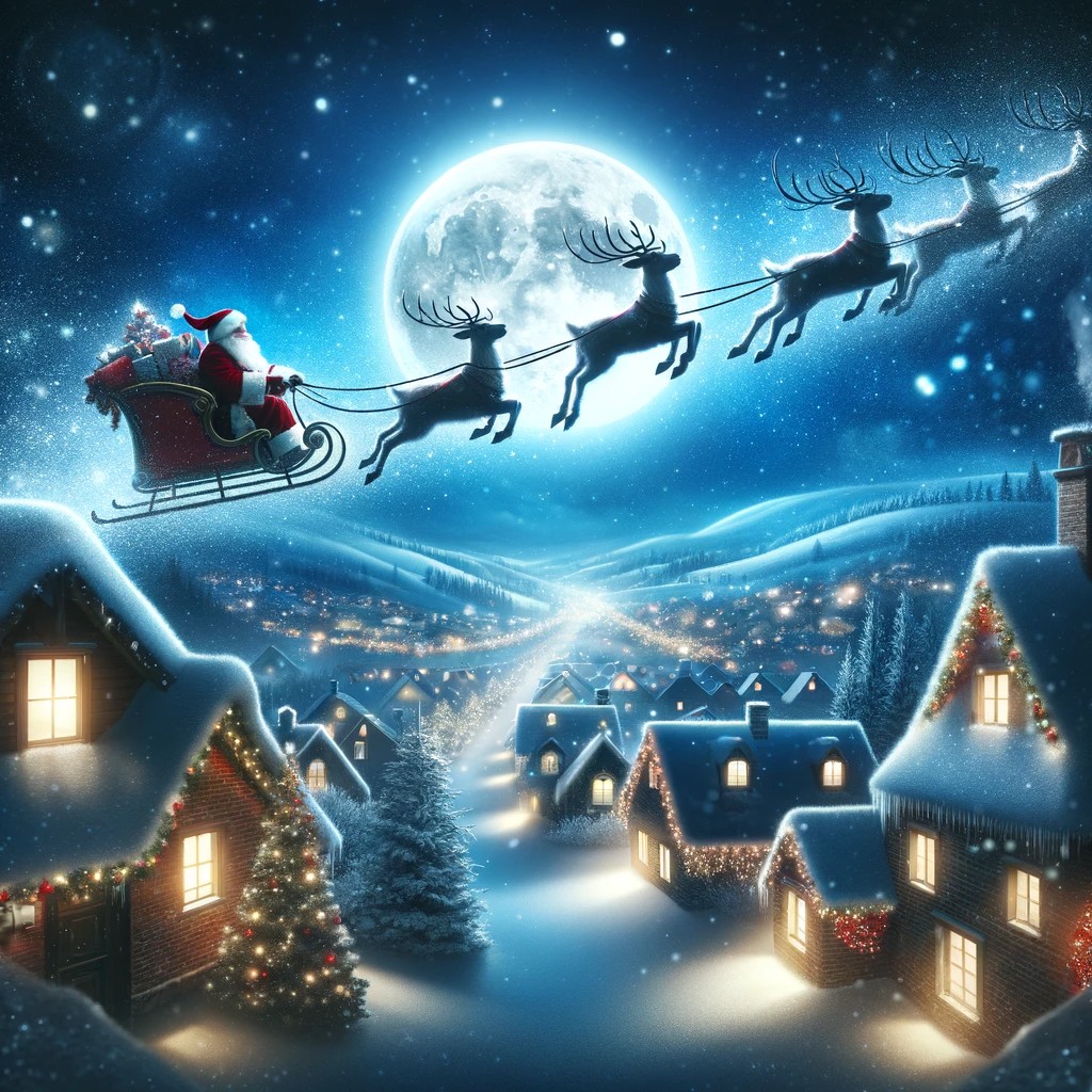 A magical night's sky scene with Santa Claus in his sleigh pulled by reindeer, flying over rooftops covered in snow. The moon is shining brightly.