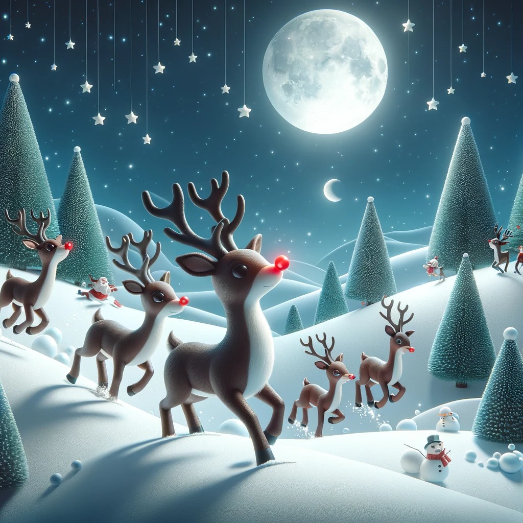 A whimsical winter scene with reindeer playfully prancing in the snow. Rudolph with his glowing red nose is among them, under a starry night sky. The