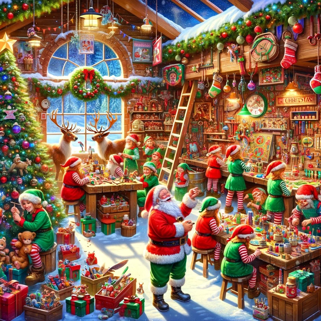 A lively and colorful image of Santa's workshop at the North Pole. The workshop is bustling with elves crafting toys, painting, and wrapping gifts. 
