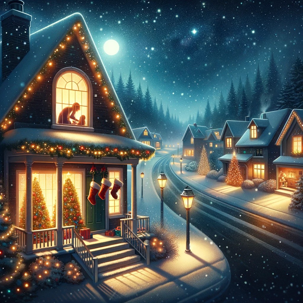 DALLA serene Christmas Eve night scene, depicting silent streets with homes glowing with festive lights. The sky is filled with twinkling stars.