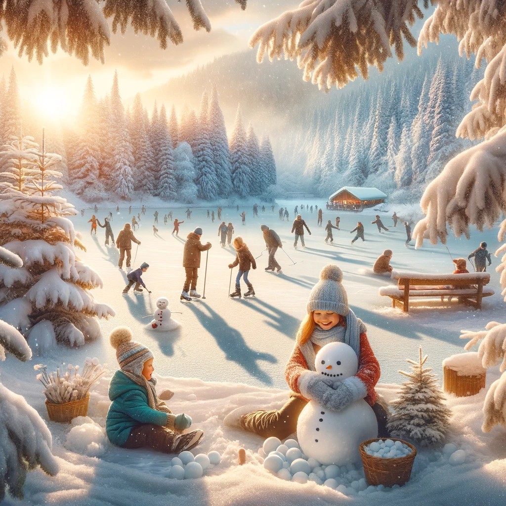 A picturesque winter wonderland scene with children playing in the snow, building snowmen and making snow angels. In the background, a frozen lake.