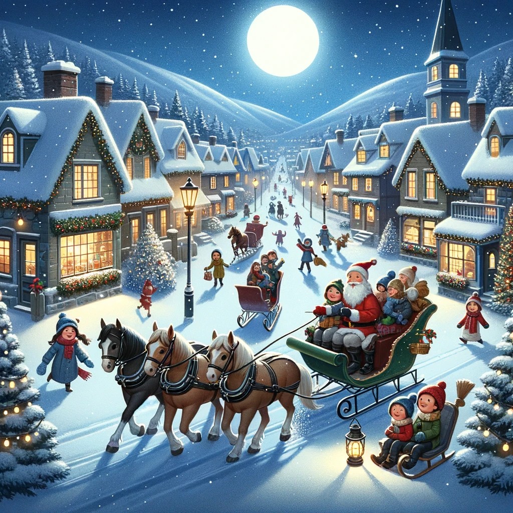 A festive winter scene showing a town with people riding in horse-drawn sleighs, bells jingling. The streets are lined with snow and decorated