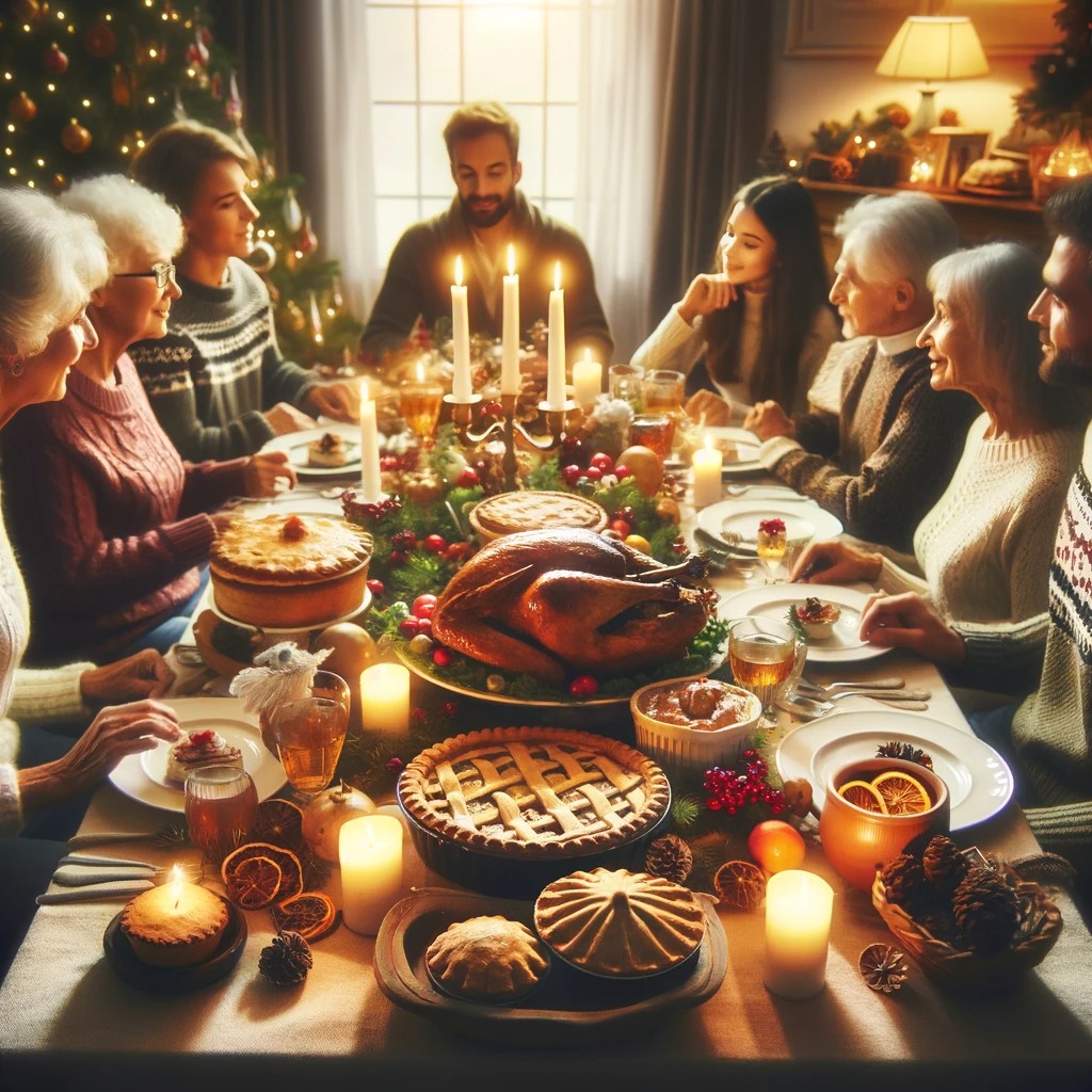 A warm and inviting scene of a Christmas feast. The table is set with a large turkey, pies, and an assortment of festive dishes. Candles are lit.