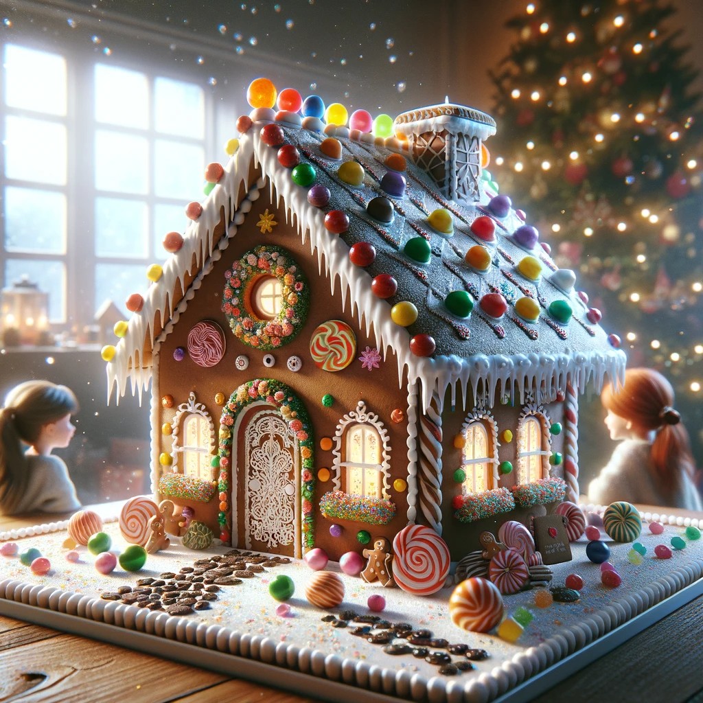 A charming gingerbread house adorned with colourful icing, gumdrops, and candy. The house features a lace icing door, chocolate paths and a decorated roof.