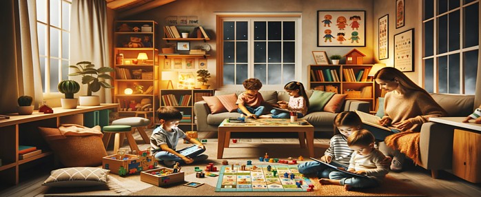 A home with children playing games and reading